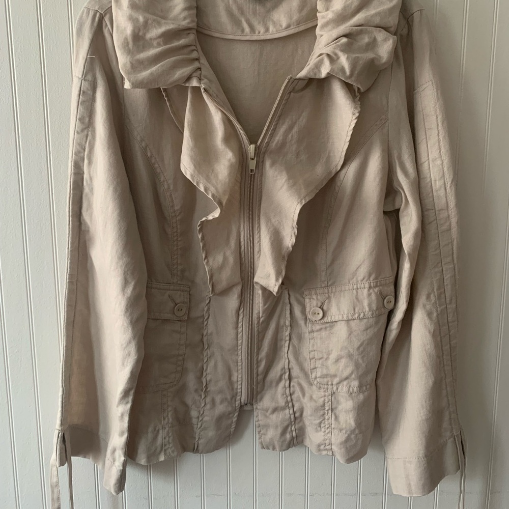 Willi Smith Cream Ruffle-Collar Zip Linen Jacket